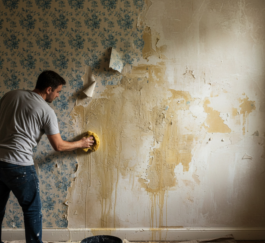 Homme qui retire la colle du papier peint sur le mur avec une éponge